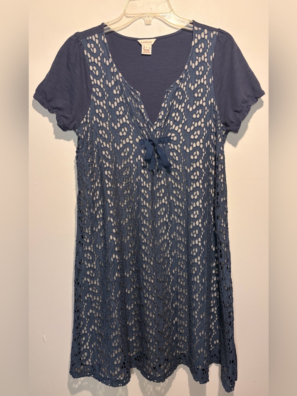 Sundance Crotchet Eyelet Silk Blend Layered V-Neck Dress Bow Size L